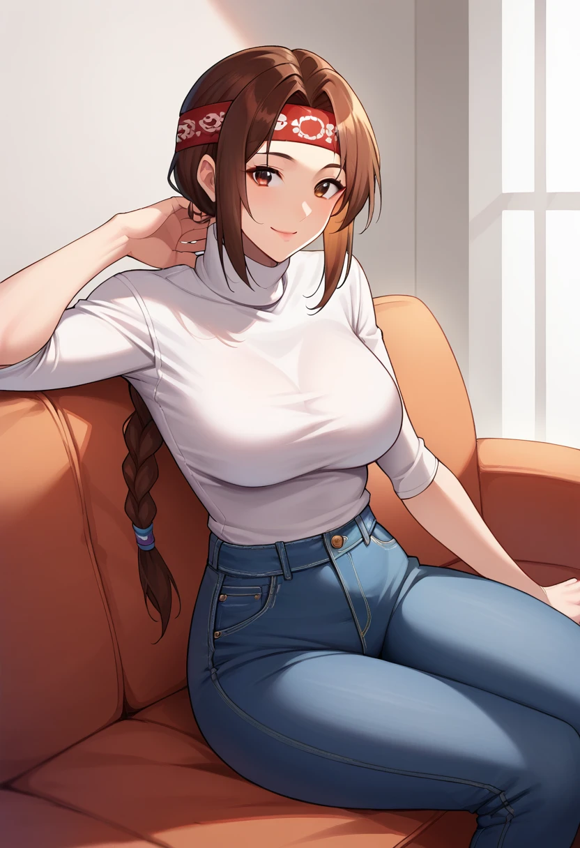 score_9, score_8_up, score_7_up,  source_anime,  BREAK solo, 1 girl,  <lora:SC2SeongMina:1>, SNGMINASC2, brown hair, low ponytail, headband,  single braid, long ponytail, white turtleneck, jeans, sitting, couch, looking at viewer, breasts, indoors, smile,