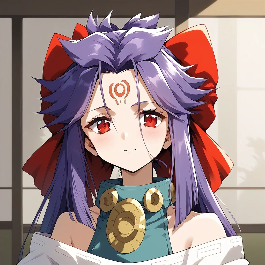 score_9, score_8_up, score_7_up, source_anime, rating_explicit, BREAK  <lora:kakurine_Ver2.1_XL:1> kakurine,  forehead mark, red eyes, purple hair, long hair, sidelocks, hair bow, red bow, collar, 
headshot.
tatami, Japanese room,