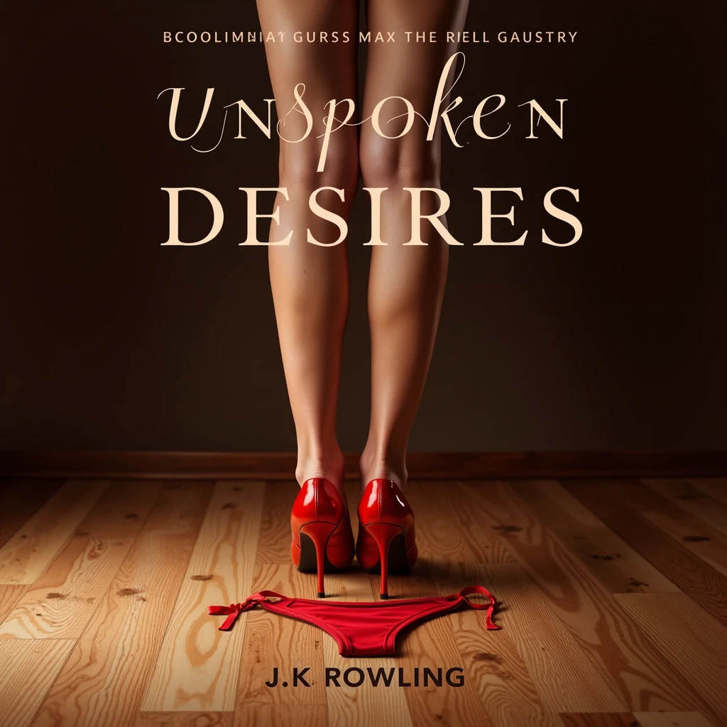 book_cover, title "Unspoken Desires" written by "J.K. Rowling", photorealistic, adult theme, red high heels, red thong, long legs, sexual tension, intimate, minimalist, hardwood floor, soft lighting. The cover displays a provocative yet tasteful scene featuring only a pair of red high heels and a red thong on the floor, as if just slipped off by the woman. Only her long, smooth legs are visible, positioned seductively, standing over the thong. The lighting is soft and subtle, casting gentle shadows on the hardwood floor, giving a warm and intimate atmosphere. The legs are positioned in a way that implies sensuality and tension, with the focus on the elegance of the scene rather than explicitness. The title "Unspoken Desires" is displayed in elegant, modern serif font at the top, while the author's name, "J.K. Rowling," is featured in a smaller, refined font at the bottom. The overall composition is minimalist and sophisticated, reflecting themes of intimacy, relationship issues, and unspoken sexual tensions.