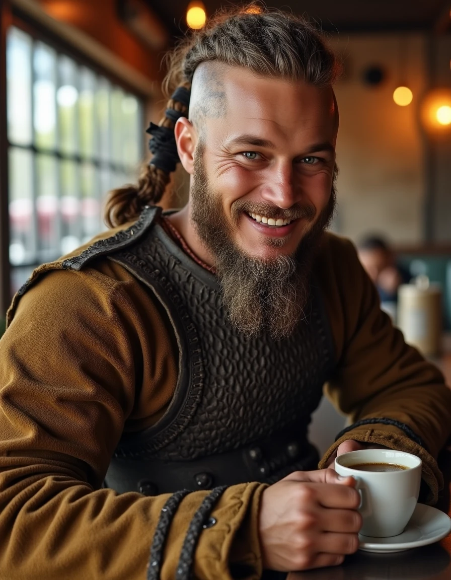 <lora:Ragnar_Lothbrok_Flux:1>  genuine smile that adds a touch of warmth to his stern demeanor, braided locks. He is depicted in a medieval-style armor, messy, rough-textured leather armor that appears to be made from suede or a similar material., aged leather.  bushy beard.  standing  in a cafe having a coffee