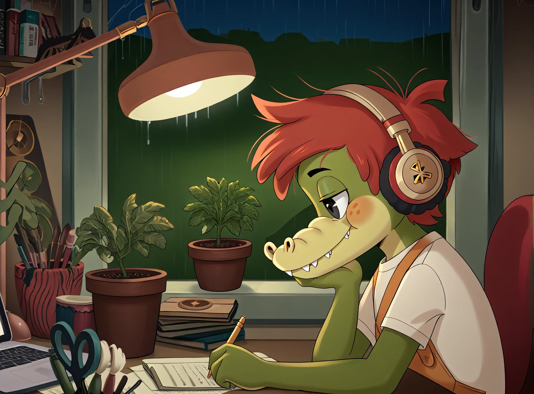 <lora:ArloXL-000070:1> 1boy, solo, male, Arlo beauregard, cute, alligator, scalie, black eyes, detailed scales, red hair, young, solo, detailed background, toony, freckles, half-closed eyes, (wearing headphones:1.2) green body, overalls, orange strap, shirt, <lora:lofi:0.8> mikus-lofi, sitting, looks down, plant, swamp on window, holding, chill, desk lamp, headphone, BREAK masterpiece, best quality, score_9_up,score_8_up,score_7_up,score_6_up,score_5_up,score_4_up, source_furry, highly detailed, detailed background, absurdres, cinematic lighting, high resolution, 8K, perfect hands, highres, <lora:spo_sdxl_10ep_4k-data_lora_webui:2> <lora:Hyper-SDXL-2steps-lora:1>