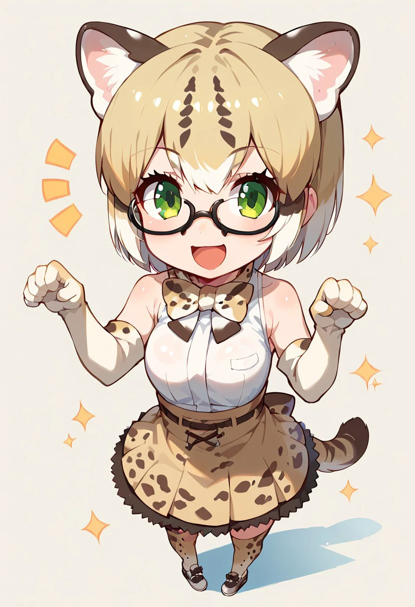 1girl, ((solo)), best quality, ultra-detailed, extremely detailed, perfect anatomy, masterpiece, score_9, score_8_up, score_7_up, margay (kemono friends), animal ears, animal ear fluff, tail, short hair, multicolored hair, blonde hair, green eyes, glasses, black-framed eyewear, bowtie, bare shoulders, sleeveless shirt, white shirt, skirt, thighhighs, elbow gloves, print gloves, print bow, print skirt, print legwear, shoes, cute, open mouth smile, happy, standing, cute look, confident look, looking at viewer, paw pose, (chibi:1.3), simple background,