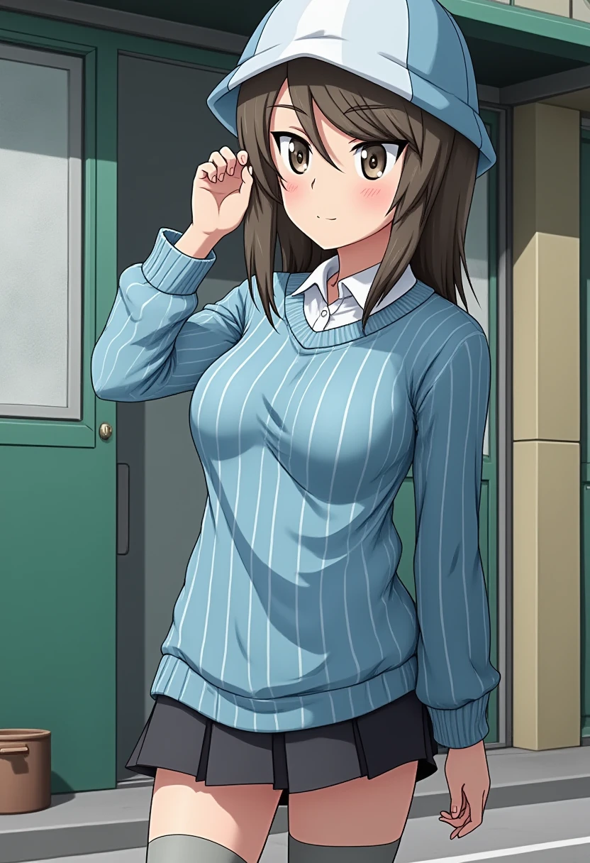 Anime style, sharp, high contrast and highly detailed. Ghibli anime style. Perfect anatomy. Perfect body ratio. No oversized head. No blurry, out of focus pictures. No simple background, no single color background.
She dressed casually, wearing a light blue top sweater with white vertical stripes. The sweater has long sleeves and a slightly relaxed fit. Underneath, she is wearing a simple white collared shirt, which peeks out from the neckline of the sweater. She also wearing a hat with matching color.
Her lower half features a short, pleated dark gray skirt, adding a school-uniform-like element to the outfit. She is also wearing knee-high gray socks that extend just below the knee, paired with dark brown shoes, completing the ensemble.
 mika (girls und panzer)  <lora:panzer_mika_flux_1_2:1>