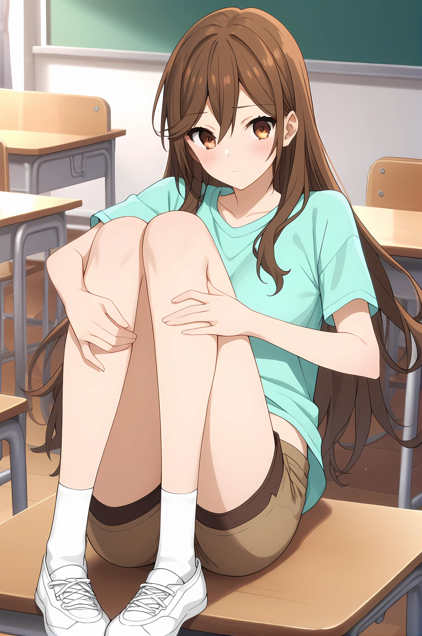 (aqua shirt brown shorts), hm-hori, brown hair, brown eyes, medium breasts, 1girl, solo, skinny, score_9, score_8_up, score_8, score_7_up, score_7, score_6_up, score_6, score_5_up, score_5, source_anime, blush, classroom, (1.3::full body|sitting|standing|lying|straight-on|0.6::close-up| :1.20), , <lora:hm-hori-V01:1.00>, long hair