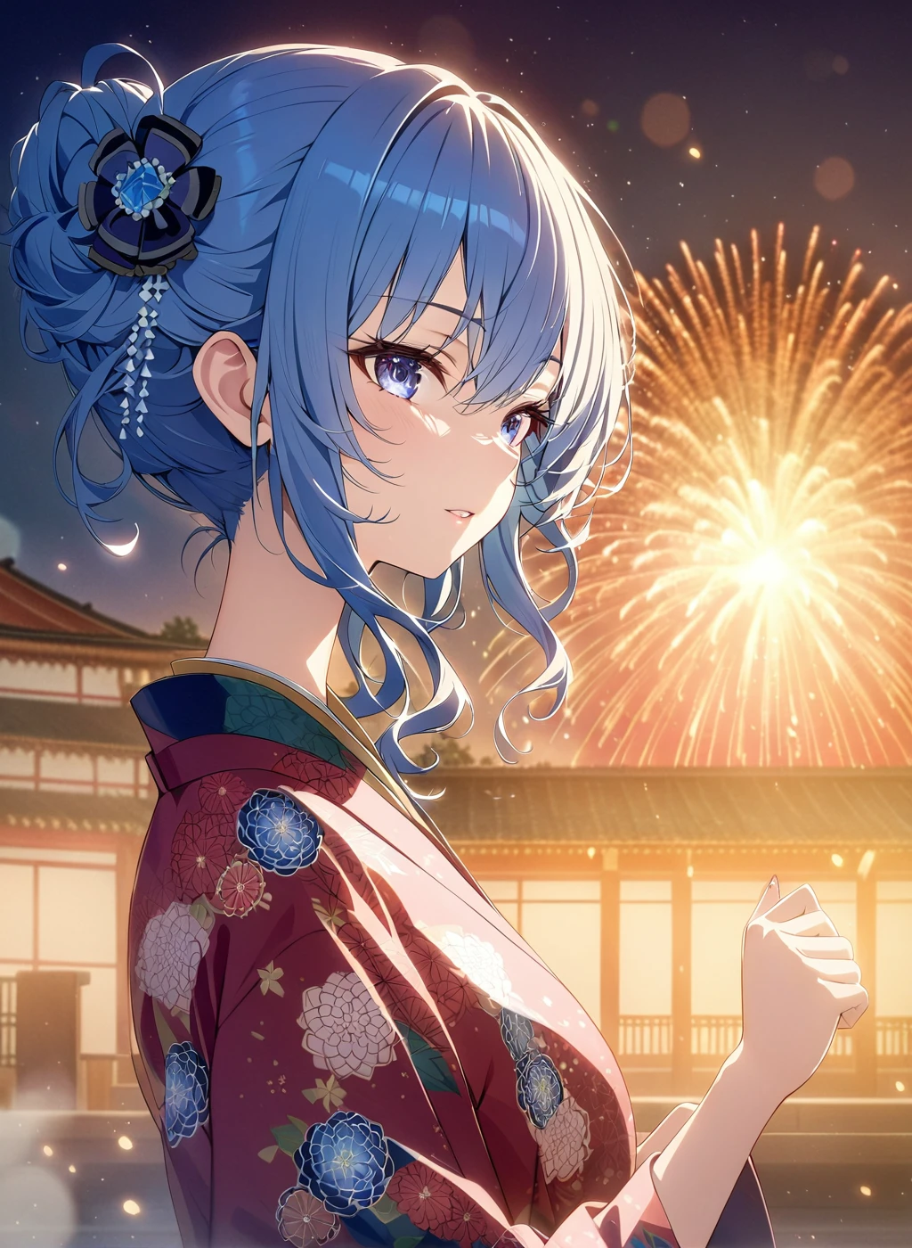 <lora:Hochimochi:1> hoshimachi_suisei, 1girl  , firework , japan temple background,  kimono , new_year_costume_2020, cute , masterpiece, best quality, 1girl, solo, cinematic, soft lighting, shine skin , light skin , 8k, ,best quality ,masterpiece, illustration, an extremely delicate and beautiful, extremely detailed ,CG ,unity ,8k wallpaper, Amazing, finely detail, masterpiece,best quality,official art,extremely detailed CG unity 8k wallpaper,absurdres, incredibly absurdres, huge filesize , ultra-detailed, highres, extremely detailed,beautiful detailed girl, extremely detailed eyes and face, beautiful detailed eyes,light on face,1girl