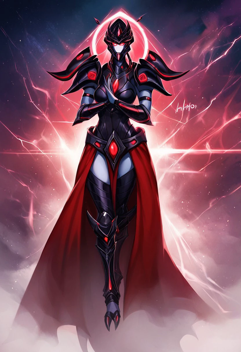 Ji'nara,1girl,solo,protoss girl,tal'darim,no mouth,no nose,no ears,elongated head,glowing eyes,alien girl,red eyes,armor,colored skin,pauldrons,braids,vambraces,black and red armor,helmet,pelvic curtain,breastplate,spaceship,sexual pose,score_9, score_8_up, score_7_up, beautiful aesthetic, very intricate, high quality details,vibrant, highly detailed, award-winning, professional,anime artwork, anime style, studio anime, athletic, toned female,muscular milf,curvy body, athletic girl,fit girl, ,looking at viewer, pinup pose,teasing, dynamic lighting, cinematic, smug, better than you, aura of temptation, highly detailed, high resolution, masterpiece, detailed clother, detailed background, highly detailed, ((sound effects)) comic layout,