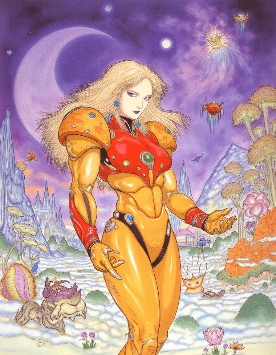 In a highly detailed traditional illustration reminiscent of Yoshitaka Amano's distinctive style, the formidable figure of Samus Aran stands poised in a dynamic action pose, exuding confidence and strength. Her striking orange power armor gleams under the light of an alien sun, its surface textured with intricate patterns that hint at both advanced technology and organic design. Samus's long, flowing blonde hair billows around her, catching the ethereal glow of the surroundings, while her vibrant blue eyes shimmer with determination and an unwavering focus.

The backdrop reveals a fantastical alien planet, characterized by surreal landscapes where swirling mist and luminescent flora create an otherworldly atmosphere. Jagged mountains loom in the distance, their peaks kissed by a shimmering nebula, while bizarre creatures flit between colossal, glowing trees, adding a sense of vibrant life to the scene. The air is thick with an enchanting mix of colors, reminiscent of watercolor blends, where deep purples and radiant greens intertwine.

The overall composition conveys a dreamlike quality, inviting viewers to lose themselves in this whimsical yet intense setting, where every detail, from the playful shadows to the psychedelic patterns that decorate the sky, adds to the magical realism of the moment. The emotional tone fluctuates between fierce determination and the wonder of exploration, portraying Samus not just as a warrior, but as a symbol of courage in the face of the unknown.