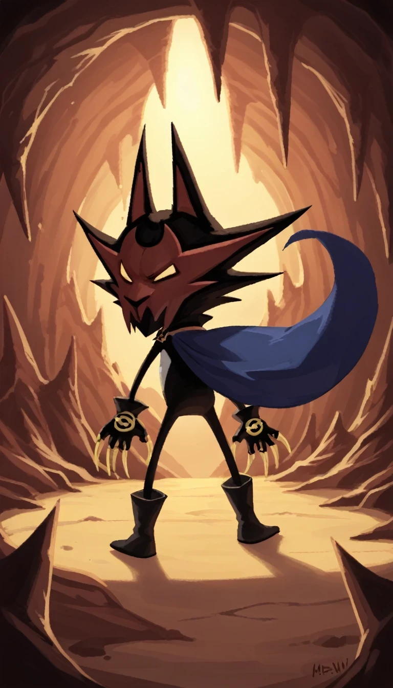 score_9,score_8,score_7, madfang ragewolf, dark blue cape, arms, high quality, hands, legs, boots, full body, background, highres, high resolution, solo, 1boy, claws, looking at viewer, long cape, cave, detailed cave background, epic, dark lighting, from behind, looking back at viewer, far away, wide view, dutch angle