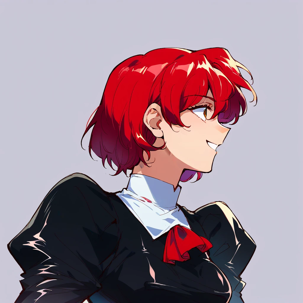 score_9, score_8_up, score_7_up, BREAK source_anime, portrait, 1girl, solo, black delmo uniform, red necktie, medium breasts, smile (profile)