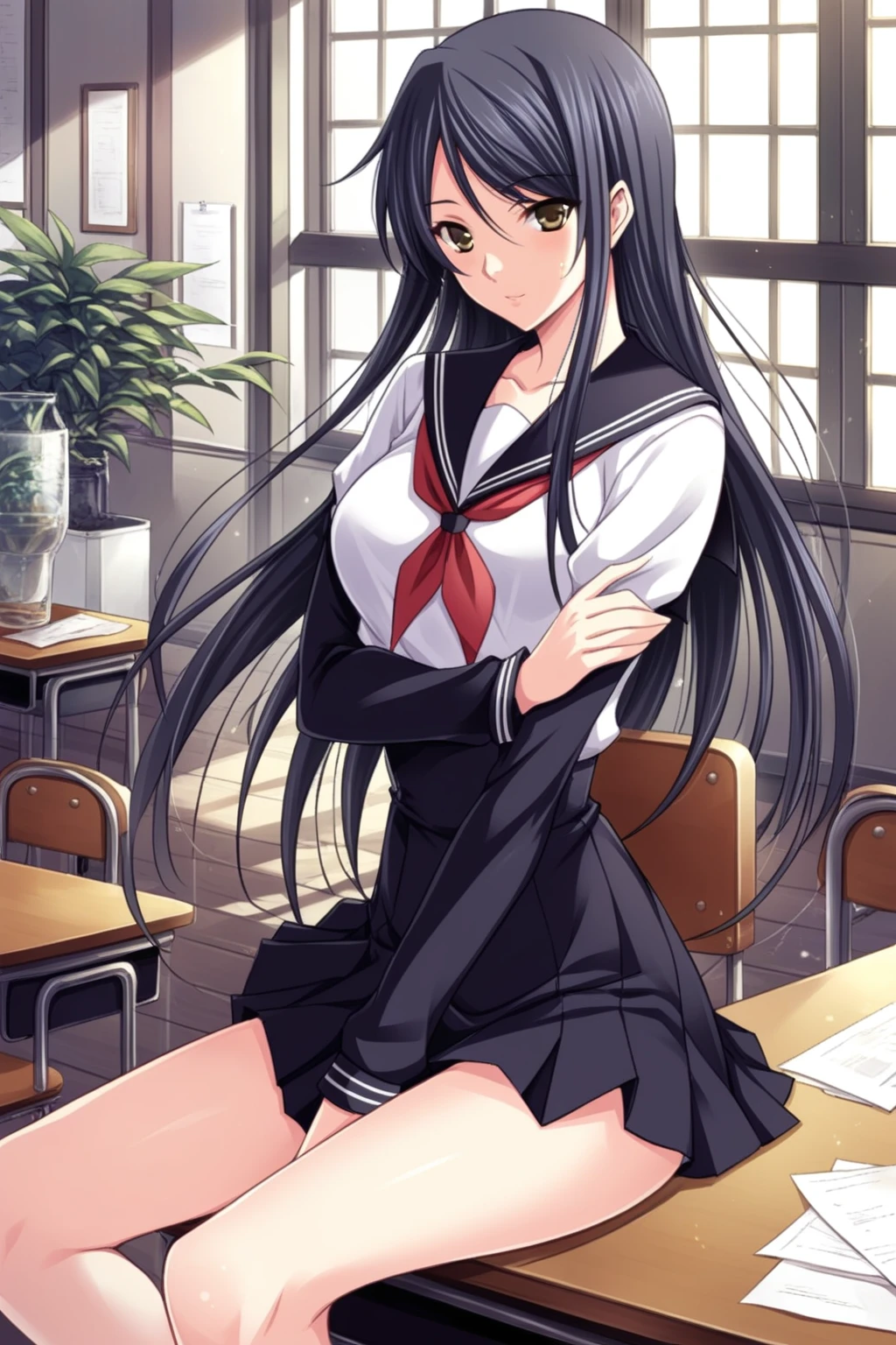 masterpiece, high quality, 8k, official art, nsfw, 1girl, solo, takamine_takane, red eyes, black hair, long hair, <lora:takamine_takane_lora_ver2:0.7>, smile, smug, no blush, d cup breasts, broad shoulders, narrow waist, hair ribbon, absurdress,  necktie, school uniform, white shirt, collared shirt , collarbones, navel, short sleeves, pleated skirt, lifted skirt, classroom, sun rays, back light, soft light,<lora:undressing_panties_v0.1:1.5> , panty pull, undressing,