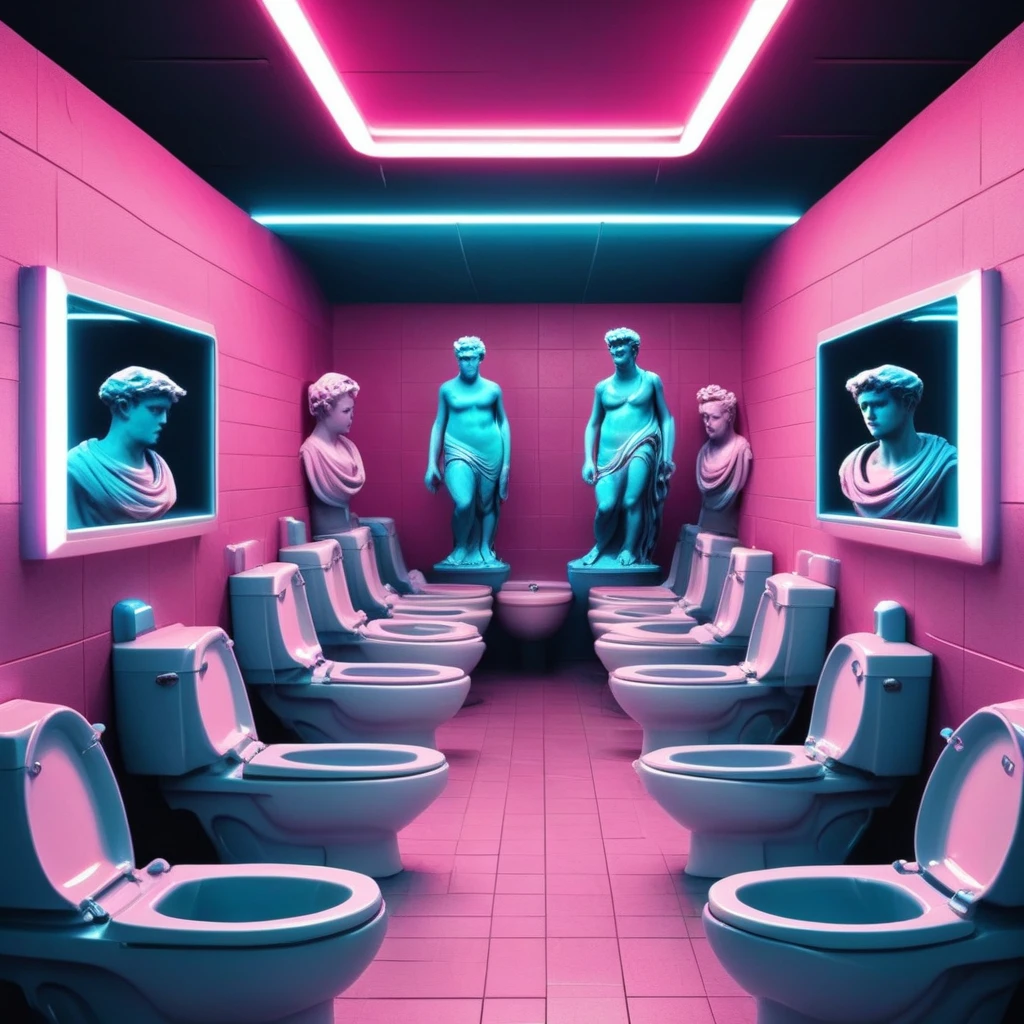 vaporwave, glitch art, psychedelia, public toilets setting, heavenly toilets, many porcelain toilets, long line of toilets, sinks, bathroom mirrors, blue tiling, pink walls, ancient greek statue, vaporwave aesthetics, neon lights