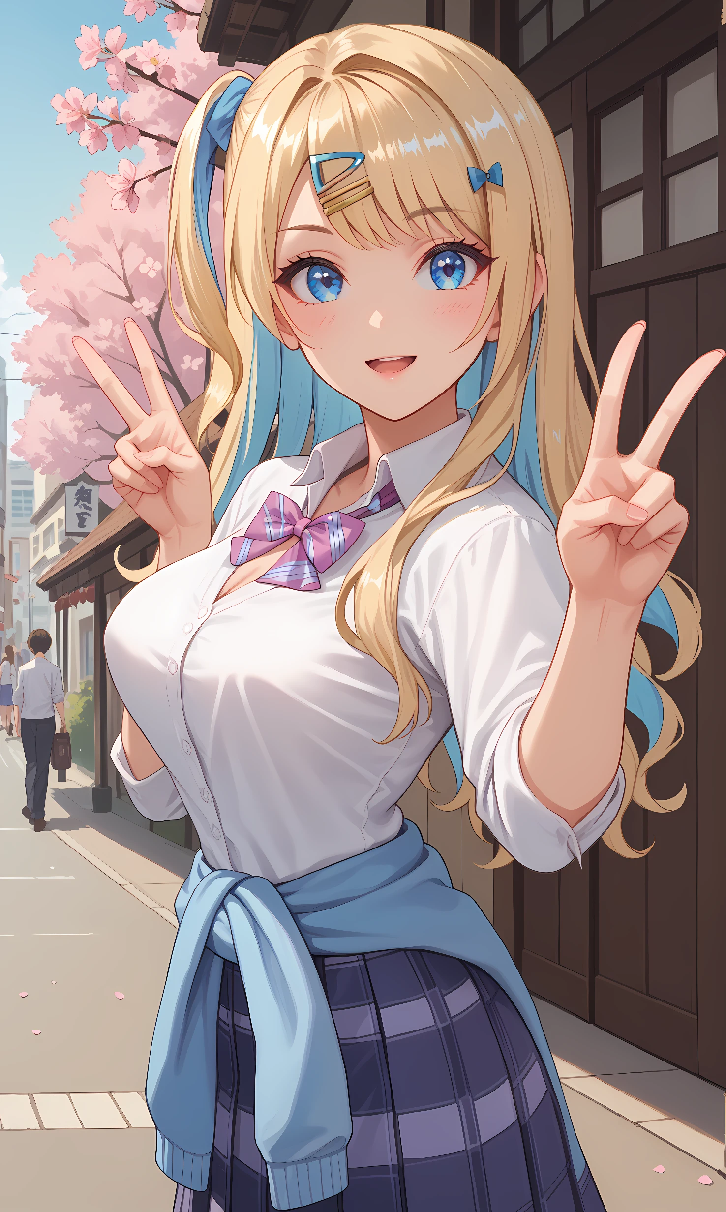  score_9, score_8_up, score_7_up, source_anime, 1girl, solo, outdoors, street, cherry blossoms, cowboy shot, standing, looking at viewer, shiny skin, shirakawa, blue eyes, blonde hair, one side up, two-tone hair, hairclip, ribbon, collared shirt, sleeves rolled up, pink bowtie, striped bowtie, blue cardigan around waist, blue skirt, pleated skirt, plaid skirt, black thighhighs, brown shoes, double v, from side