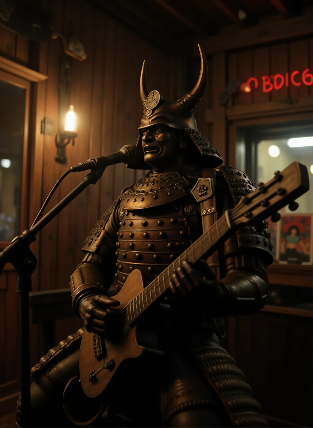 a phot of a Samurai is singing karakoe in a pub  <lora:Samurai:0.9>