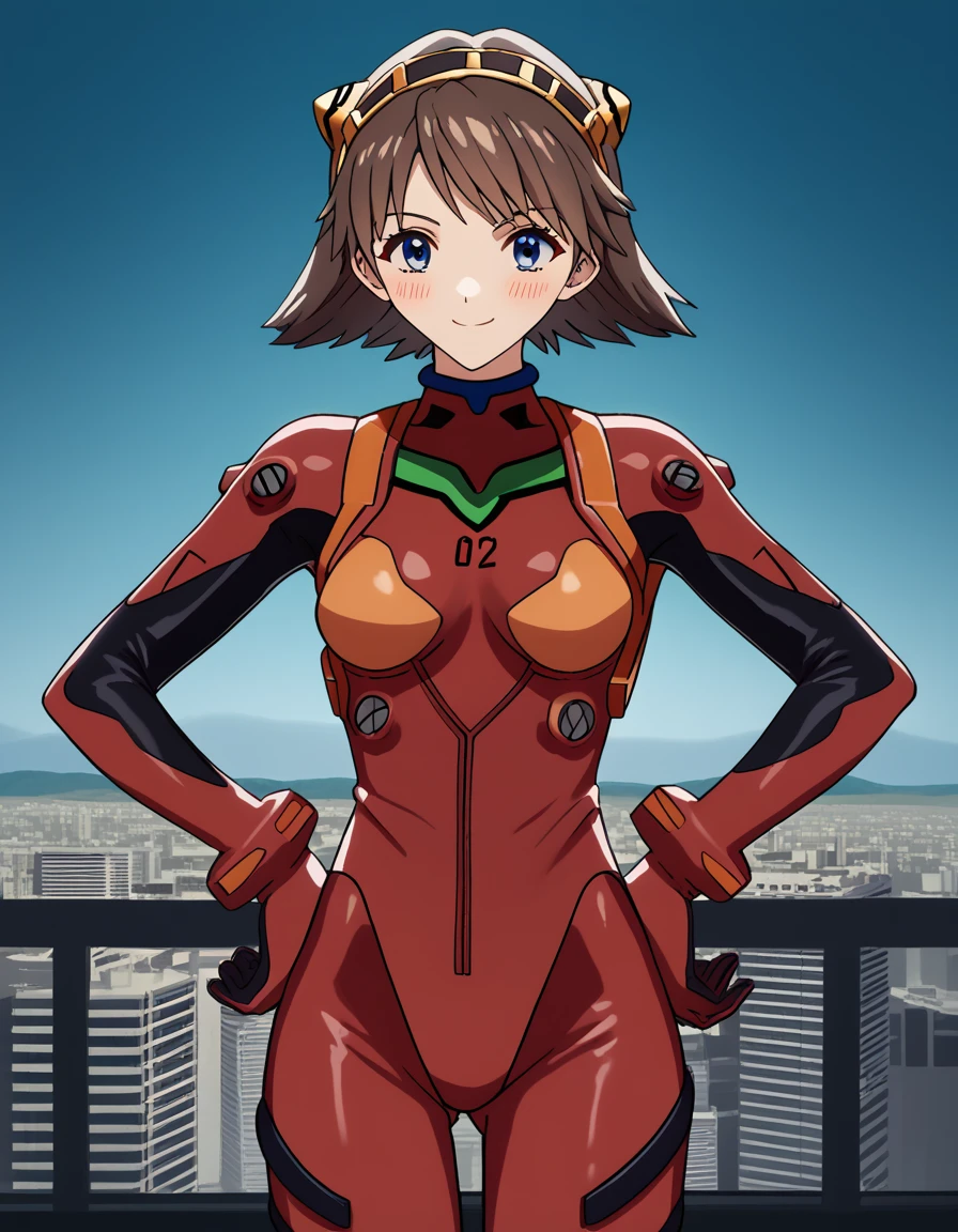 score_9, score_8_up, score_7_up, source_anime, <lora:kancolle-hiei-s1-ponyxl-lora-nochekaiser:1>, hiei, short hair, blue eyes, brown hair, hairband, hiei (kancolle), medium breasts,, <lora:souryuu-asuka-langley-cosplay-ponyxl-lora-nochekaiser:1>, souryuuasukalangleycosplay, souryuu asuka langley (cosplay), bodysuit, pilot suit, plugsuit, red bodysuit, interface headset,, cityscape, smile, blush, hands on hips,, , cowboy shot, dutch angle