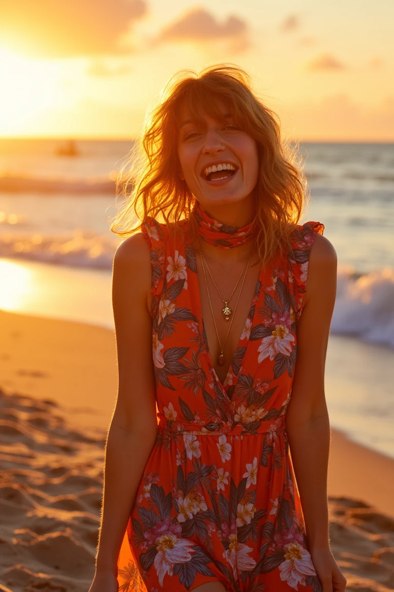 Florence Welch being playful on the beach, playing with the sand during a beautiful sunset. She wears a high-neck Hawaiian summer dress, her expression joyful and carefree. The scene is bathed in warm, golden sunlight, highlighting her vibrant attire. The composition captures her in a dynamic, silly pose, with the ocean waves and vibrant sunset adding to the lively atmosphere.