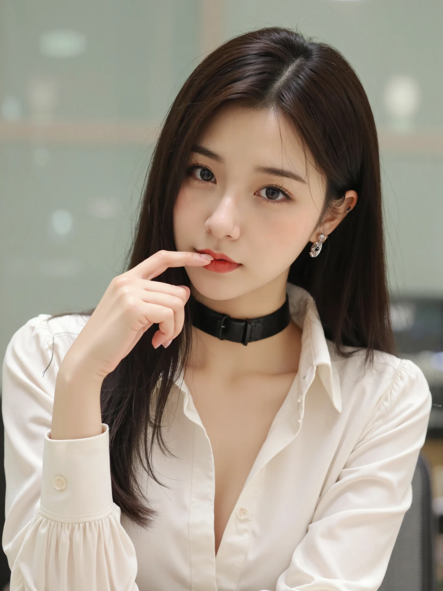 ((Best quality, 8k, Masterpiece :1.3)), Sharp focus, face focus, selfie, A pretty woman with perfect figure, Slender abs, ((black hair, collar, Big breasts)), (White button up long shirt), City street, Highly detailed face and skin texture, Detailed eyes, Double eyelid