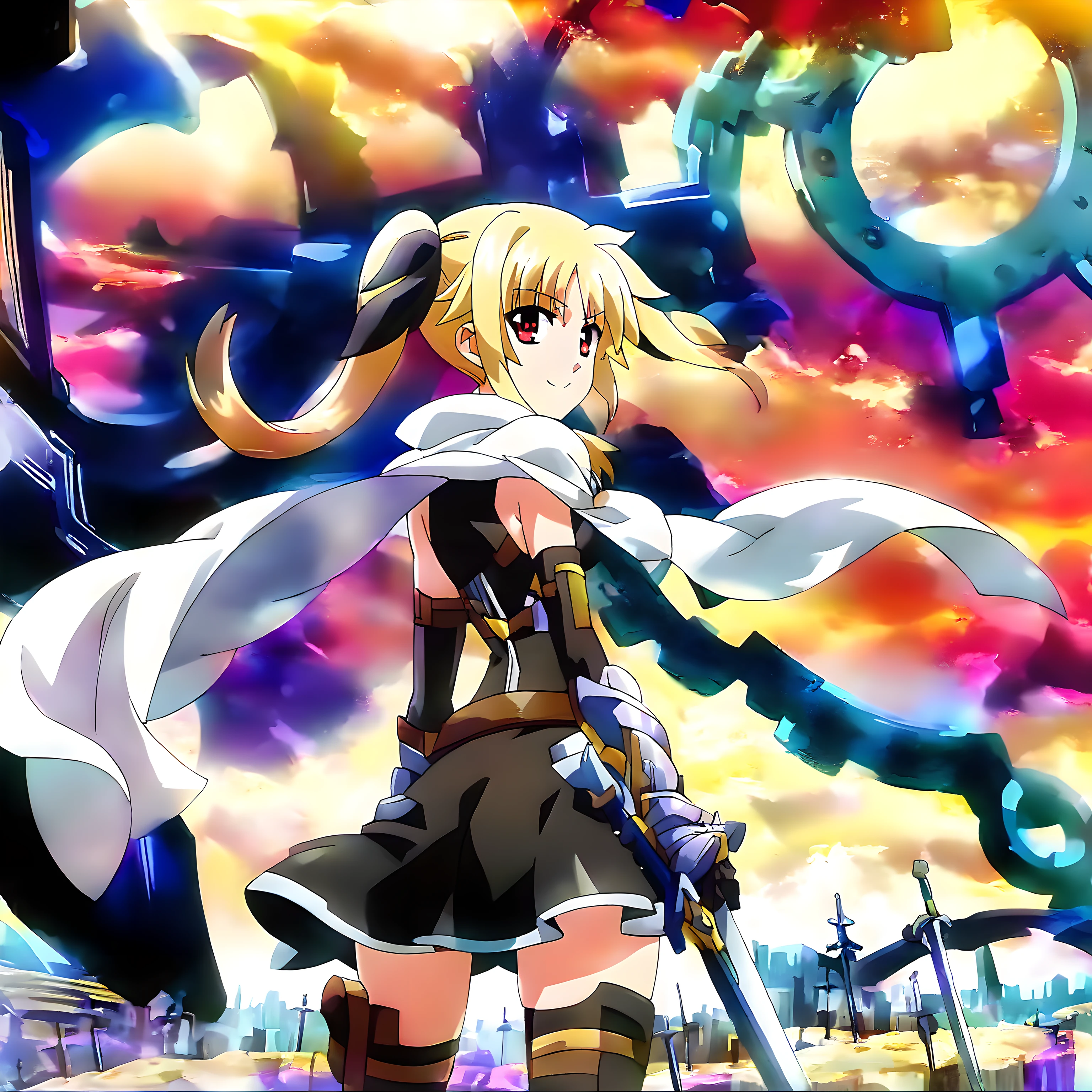 <lora:pony_xl_ubw:0.9>,ubw,score_9,score_8_up,score_7_up,source_anime,1girl,solo,scenery,hills,sky,sunset,cloud,countless planted weapons,weapon,sword,planted,planted sword,gears,<lora:pony_xl_fate:0.9>,fate,black dress,short dress,white cape,gauntlets,elbow gloves,black gloves,belt,thighhighs,looking_at_viewer,upper_body,from_back,looking_back,standing,smile,