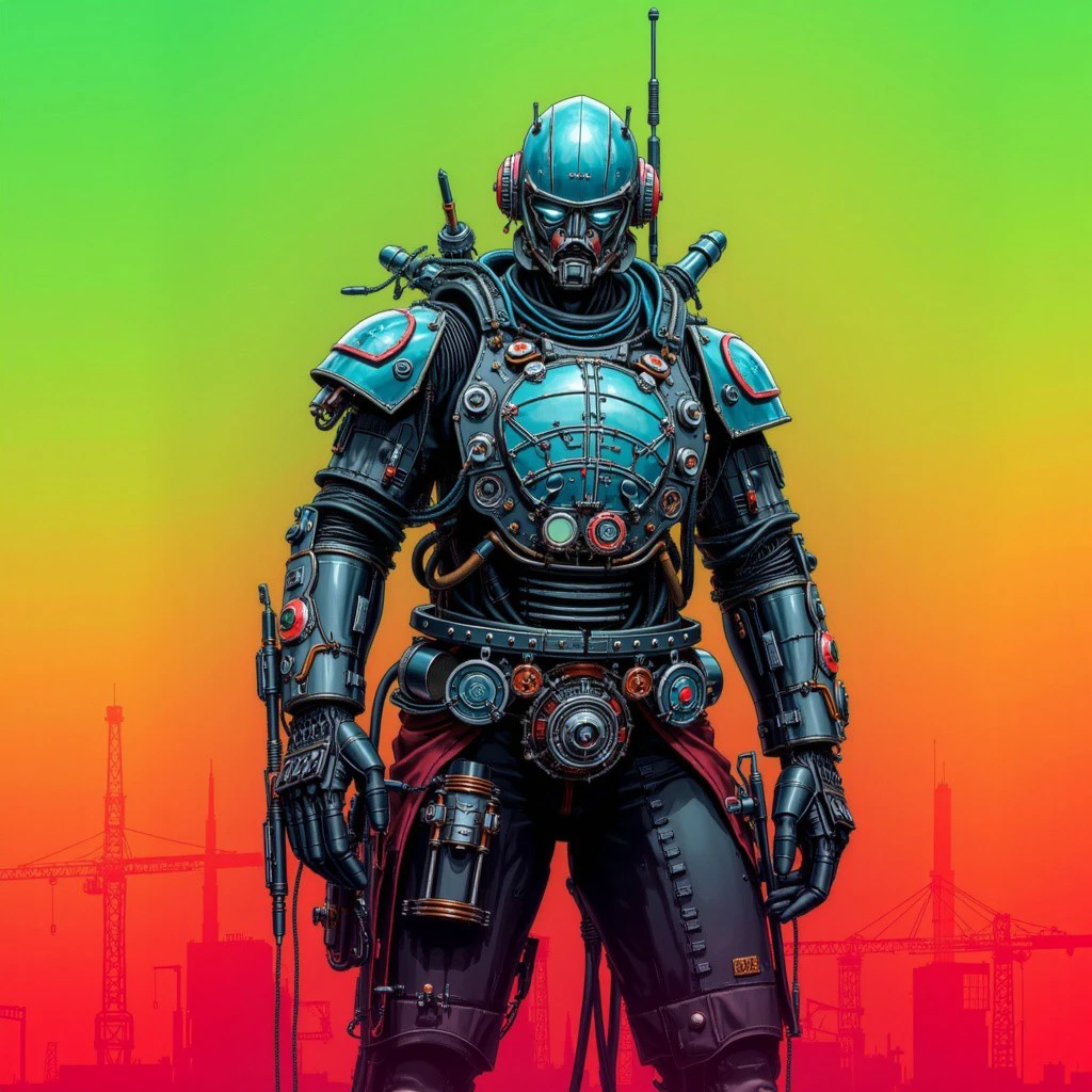 cybersociety style, The image depicts a humanoid robot standing against a vibrant, gradient background transitioning from green to red. The robot is highly detailed with a metallic and mechanical appearance, featuring a helmet with antennae on top and a visor that covers the eyes. It has a chest plate adorned with various circular gauges and buttons, and its arms are equipped with what appear to be tools or weapons. The robot's legs are sturdy, and it stands in a confident pose with one hand resting on its hip and the other holding an object that resembles a tool or weapon. In the background, silhouettes of industrial structures such as cranes and buildings can be seen, suggesting an urban or industrial setting. The overall style of the image is reminiscent of science fiction artwork, with a focus on intricate details and a futuristic aesthetic., mechanical, humanoid, robot, armor, helmet, futuristic, cityscape, background, green, orange, red, industrial, machinery, pipes, wires, glowing, eyes, circular, square, rectangular, cylindrical, gauges, buttons, dials, gauges, gauges