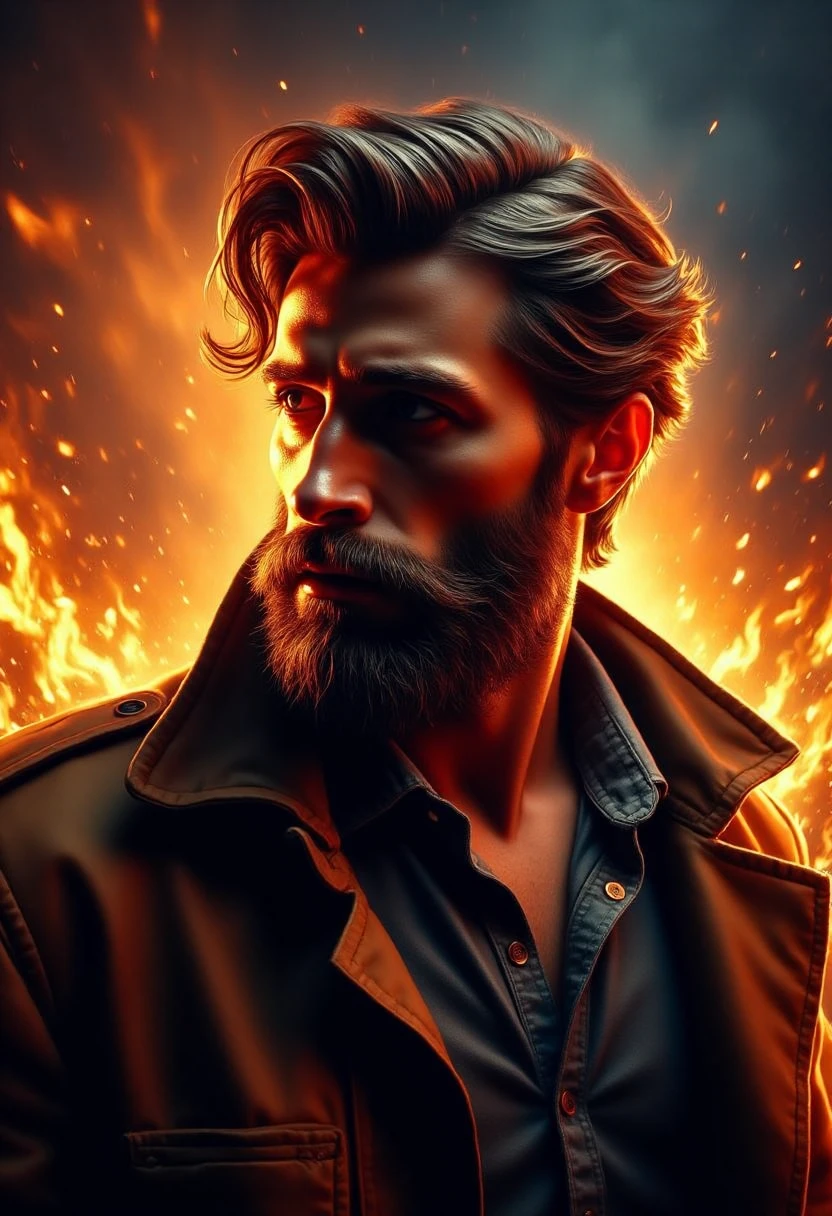 a man with a beard wearing a jacket, standing in front of a raging fire. His face is animated, giving the impression of movement and energy.,<lora:dalee:1>