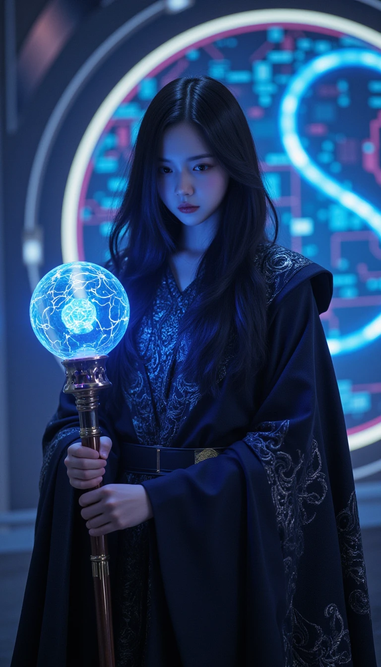 a powerful young female mage with long dark hair and intricate robes. She holds a glowing magical staff, set against a futuristic, neon-lit circuit board landscape. The image should feature ultra-realistic textures and ultra-high definition, with photorealistic details and natural, dynamic lighting. The mage is in a pensive pose, with a thoughtful expression and her gaze directed downward. The overall style should have a cinematic quality, with highly detailed and realistic textures and shadows, showcasing hyperrealism.