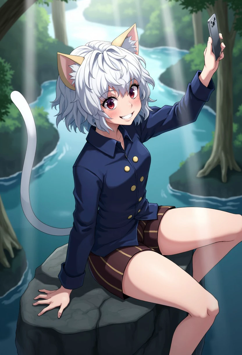 Neferpitou from "Hunter x Hunter", she has short curly or wavy white hair and red eyes, feline anthropomorphic animal cat beige ears and only one white cat tail. she's wearing blue long sleeves with yellow buttons and brown stripped vertically shorts. she's grinning evilly and located in magical forest. she's spreading legs invitingly, sitting on rock beside a peace lake. picture is her doing selfie. picture has god rays and dramatic lighting. drawn by best known artist, drawn by sorapoi.