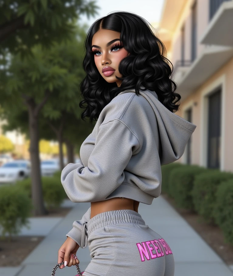 A candid Vu style of a young woman, captured in a side profile. She is dressed in a grey hoodie with the word 'NEED BUZZ' embroidered in pink on the lower part of her skirt. The hoodie has a drawstring at the bottom, revealing her toned legs. She holds a pink handbag with a chain strap that has the words "Need Buzz 4 Flux" on it. The woman's curly hair cascades down her back, and she appears to be in a contemplative or relaxed state. The setting is an urban environment with a tree-lined sidewalk, ornamental grasses, and a building facade in the background. The lighting suggests it's either early morning or late afternoon, casting a warm glow over the scene, vu art