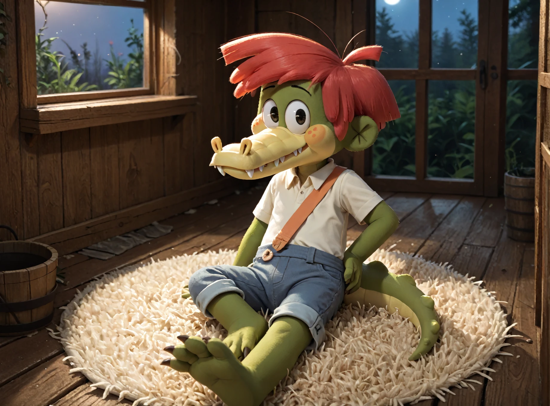 <lora:ArloXL-000070:1>  male, Arlo beauregard, cute, alligator, scalie, black eyes, detailed scales, red hair, young, solo, freckles, green body, night, toony, lying, on side, looking at viewer, on a green carpet, hand on hip, feet, in a cabin, swamp on window, clothed, overalls, yellow shirt, orange strap, BREAK masterpiece, best quality, score_9_up,score_8_up,score_7_up,score_6_up,score_5_up,score_4_up, source_furry, highly detailed, detailed background, absurdres, cinematic lighting, high resolution, 8K, perfect hands, highres, <lora:spo_sdxl_10ep_4k-data_lora_webui:2> <lora:Hyper-SDXL-2steps-lora:1>