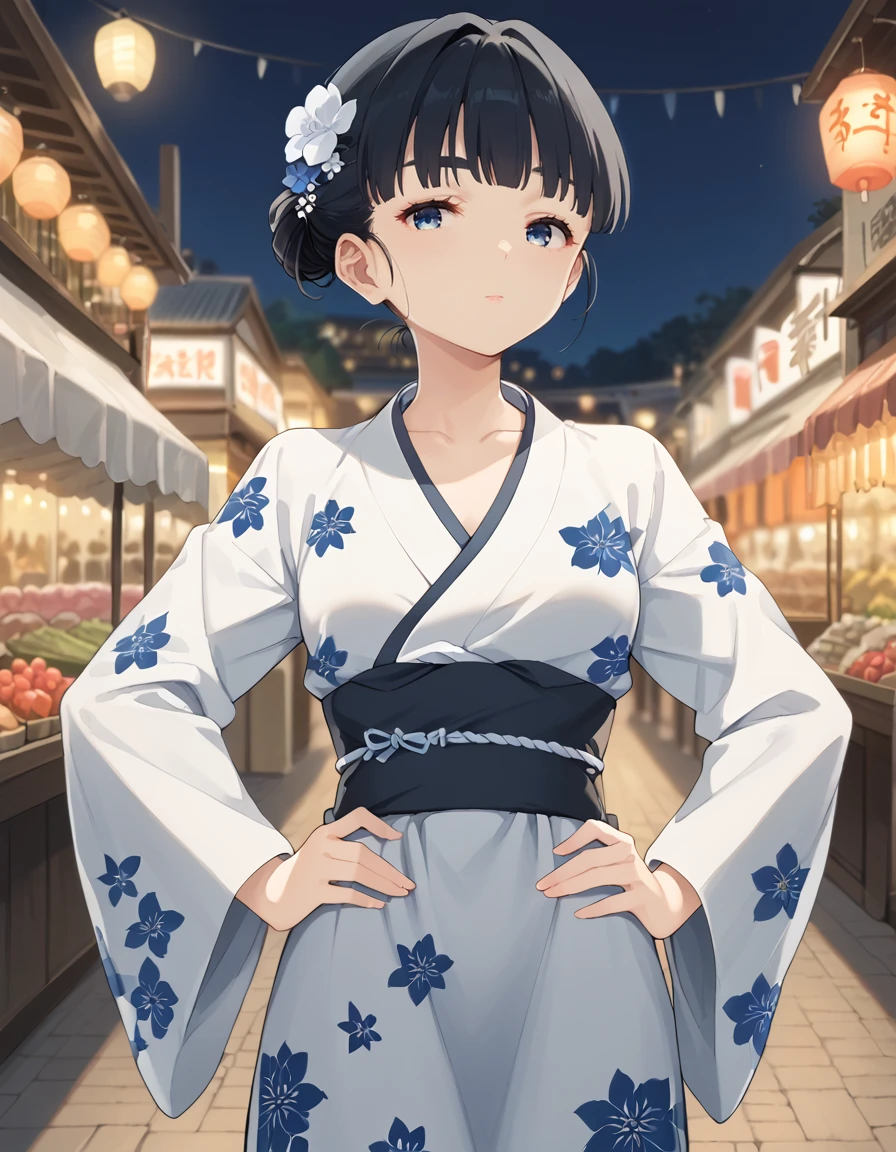 score_9, score_8_up, score_7_up, source_anime,
1girl, solo, looking at viewer, blurry background, night, market, dutch angle, 
<lora:tiara_basori_anime_v2-soralz:1>, tiara basori, black hair, short hair, hair bun, (thick eyebrows:0.6), blue eyes, flower hair ornament,
print kimono, hands,print dress, collarbone, breasts, waist, long sleeves, hands on hand on own hip,