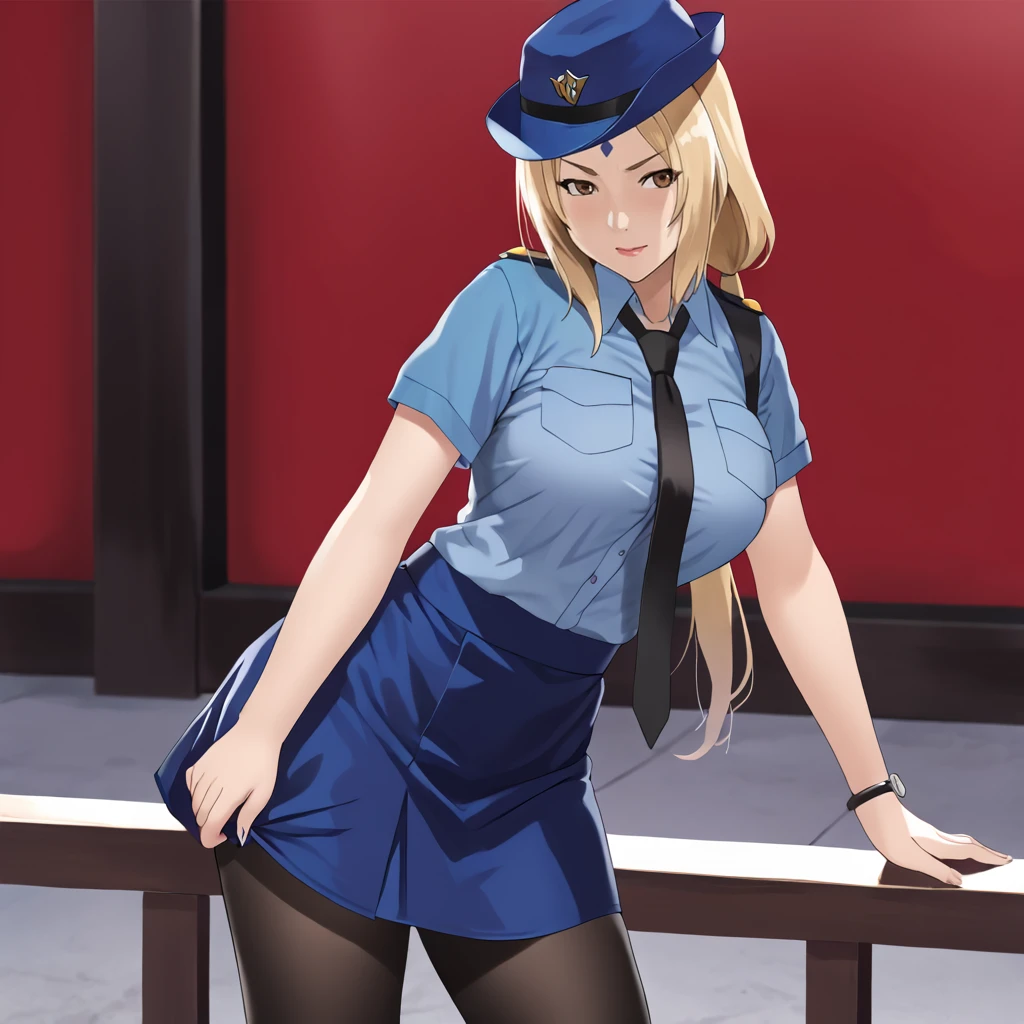 <lora:tsunade_pony_v1:.8> Tsunade, 1girl, solo,blonde hair, large breasts, brown eyes, forehead mark, facial mark, cowboy shot, <lora:0820 tokisaki kurumi policewoman fan costume_v1_pony:1> ruanyi0820,black necktie,blue hat,blue shirt,blue skirt,black pantyhose,short sleeves,skirt