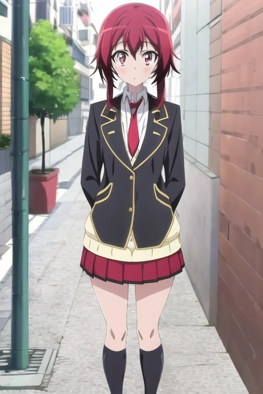 1girl,black legwear,full body,jacket,kneehighs,loafers,long hair,looking at viewer,necktie,pleated skirt,red eyes,red hair,red skirt,school uniform,shoes,skirt,solo,standing,outdoors,hair_ornament,<lora:AkaneSakurada:0.9>,<lora:SakuradaAkanev1:0.7>,