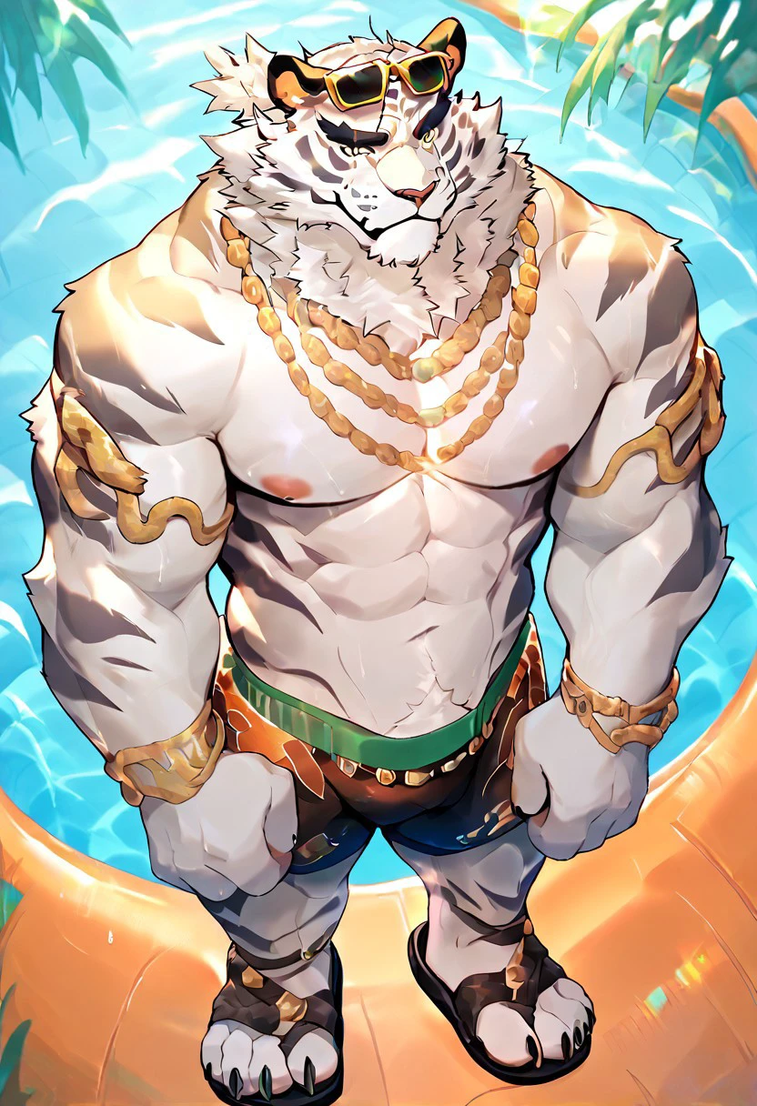 source_furry, score_9, score_8_up, score_7_up, score_6_up, score_5_up, score_4_up,
solo,
Jin Qiu,
swim shorts, sunglasses, eyewear on head, jewelry, necklace, armring, sandals,
front view,