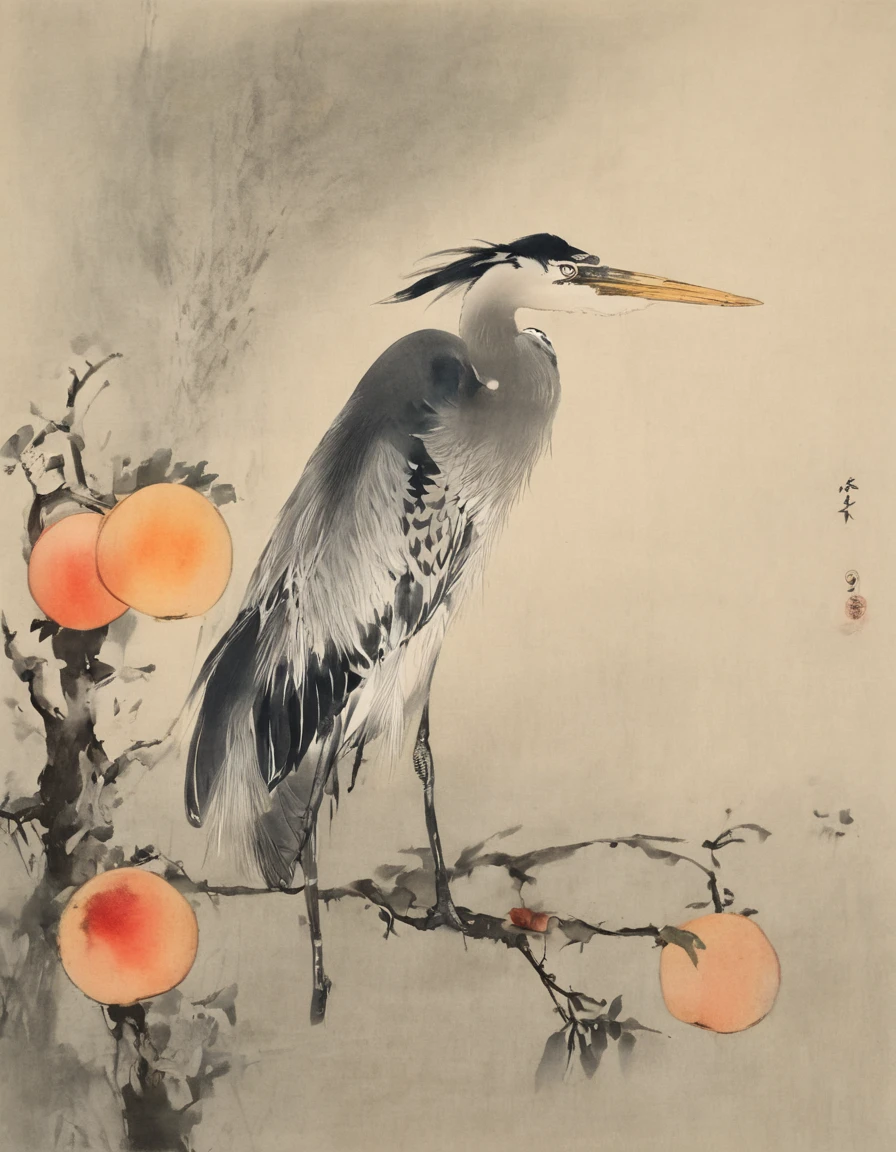 heron, peaches, brush painting, sumi,  <lora:Ohara_Koson_Style:0.4>koson