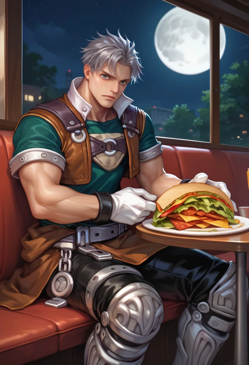 score_9, score_8_up, score_7_up, score_6_up, 1boy, muscular, natgra, steel greaves, brown skirt, black pants, green shirt, leather vest, silver belts, white gloves, silver hair, holding taco, messy, sitting, restaurant, night, moon