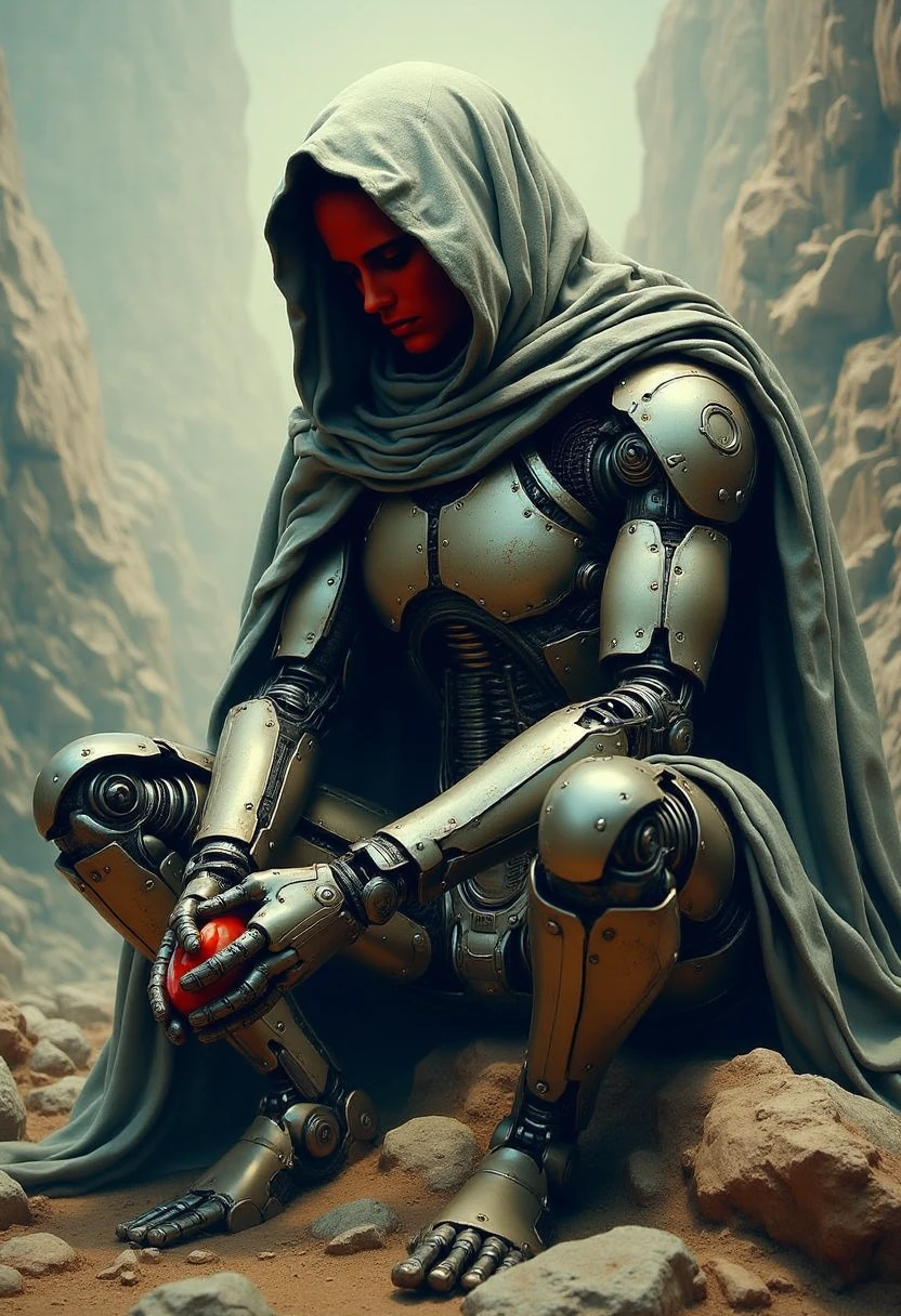 Image is a high-resolution, stylized photograph featuring a humanoid robot with a weathered, metallic body and intricate mechanical details. The robot is seated on rocky terrain, with a light gray, tattered cloak draped over its head and shoulders, partially obscuring its face. The robot's face is partially visible, showing a red, mask-like design with a solemn expression. The robot's hands are holding a small, red object, adding a striking contrast to the muted, earthy tones of the surroundings. The overall scene conveys a sense of desolation and contemplation, with the robot appearing almost human-like in its posture and demeanor.<lora:dalee:1>