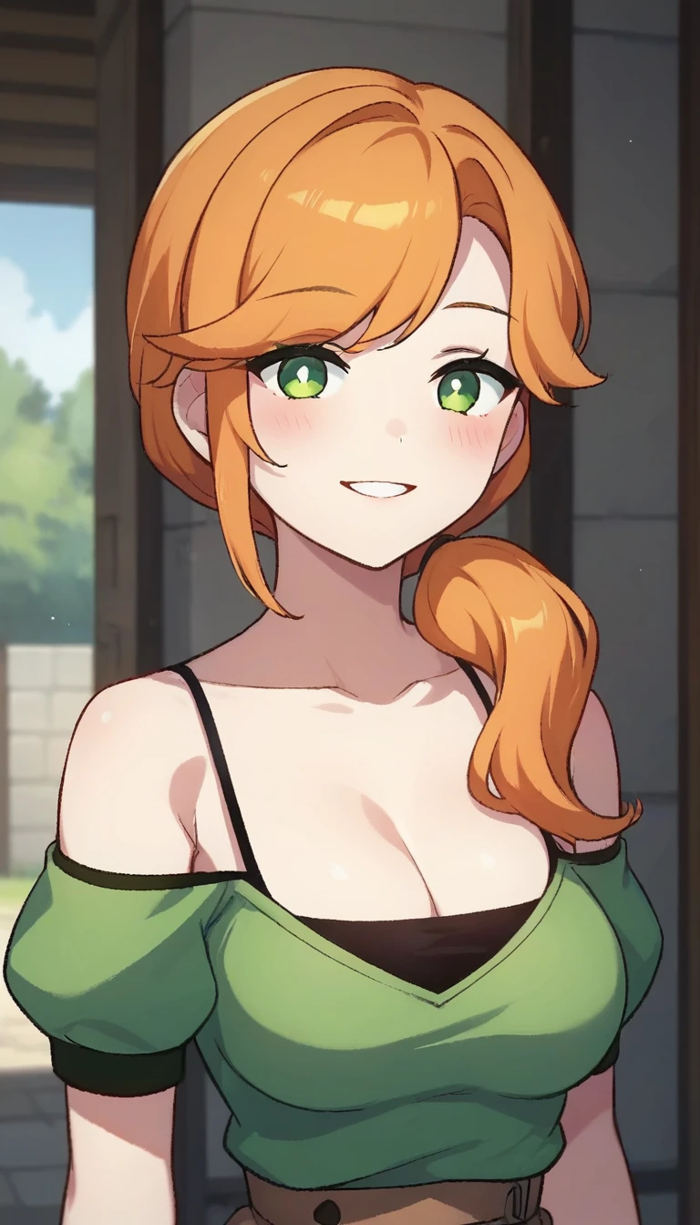 score_9,score_8_up,score_7_up,score_6_up BREAK official art,solo,outdoors,upper body,(portrait:1.5),looking at viewer,facing viewer,smile,blush,Alex,long hair,orange hair,ponytail,hair over shoulder,sidelocks,swept bangs,green eyes,white pupils,bright pupils,collarbone,cleavage,bare shoulders,green shirt,off-shoulder shirt,spaghetti strap,medium breasts,puffy sleeves,short sleeves,shirt tucked in,high-waist skirt,brown skirt,black socks,brown footwear,<lora:Alex(Bubble Planet)-Pony:1.2>,