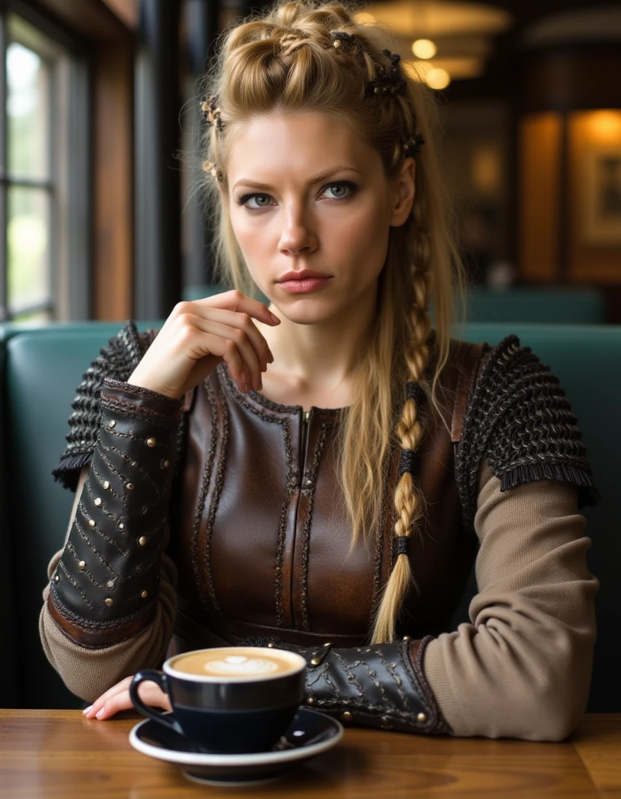 <lora:Lagertha_Flux:1>  delicate braids and small, cinched at the waist with a brown leather belt., with some sections adorned with thin, battle-ready appearance., light blonde hair styled in intricate braids adorned with small, dark strands, which emphasizes her as the central focus. She is a Caucasian woman with long, decorative stitching and leatherwork. In a cafe drinking a coffee