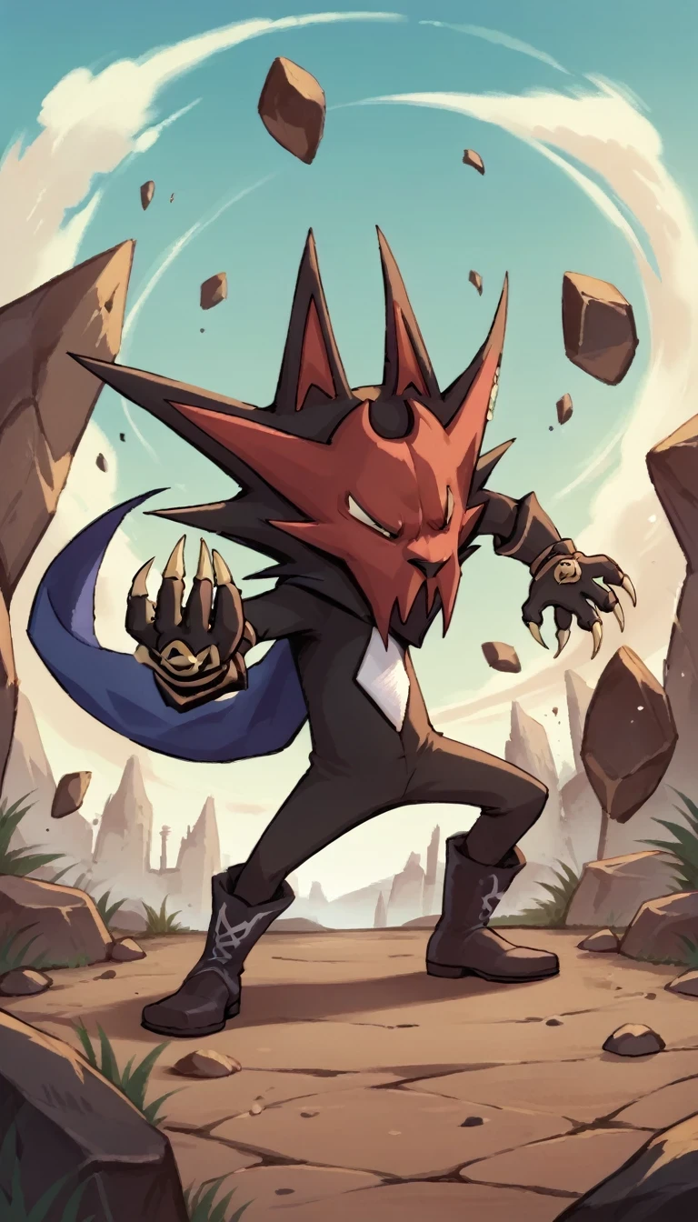 score_9,score_8,score_7, madfang ragewolf, dark blue cape, arms, high quality, rocks, hands, legs, boots, full body, background, highres, high resolution, solo, 1boy, action pose, claws, angry, narrowed eyes