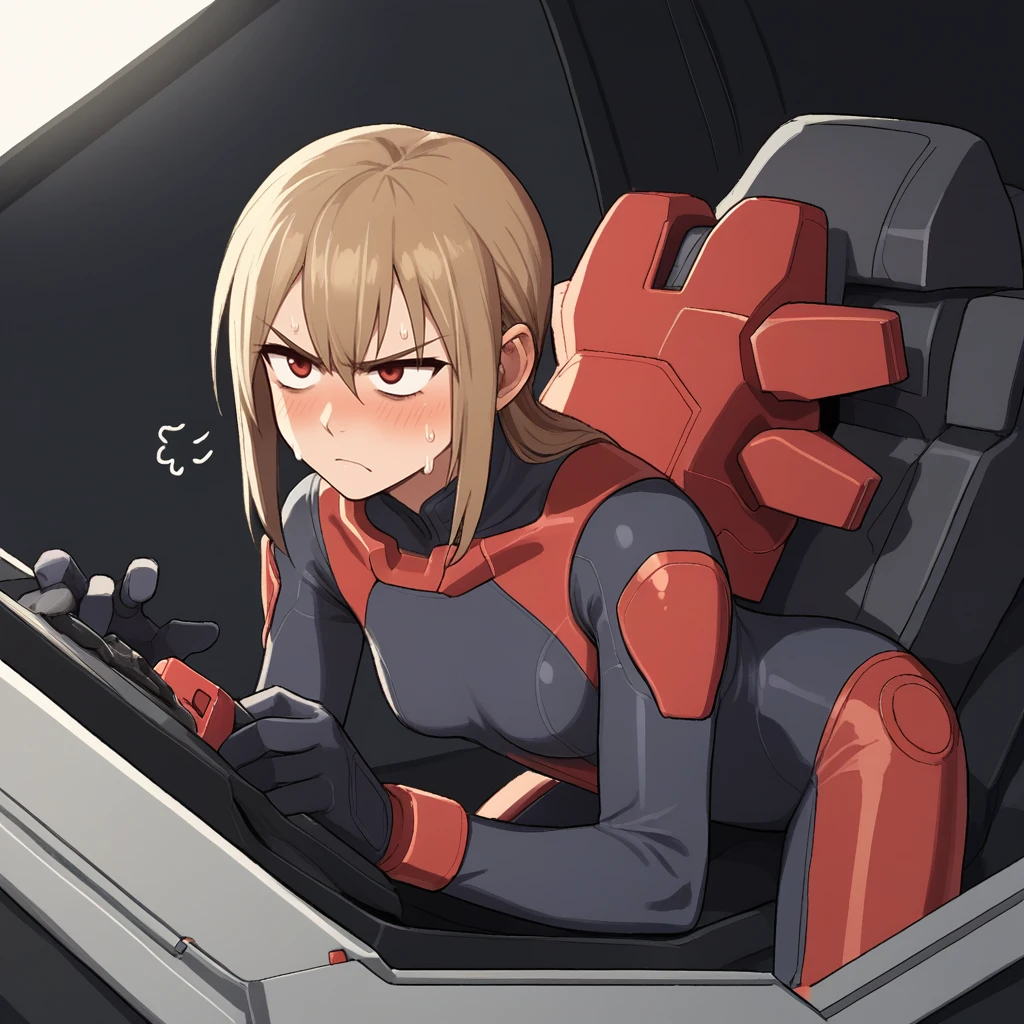 score_9, score_8_up, score_7_up, score_6_up, score_5_up, score_4_up, zPDXL2,source_anime,rating_questionable, 1girl, solo, sci-fi, <lora:Mech_Cockpit:0.8>m3chp1t, cockpit, red plug suit, cramped, sweaty, blush, visible sweat, annoyed,