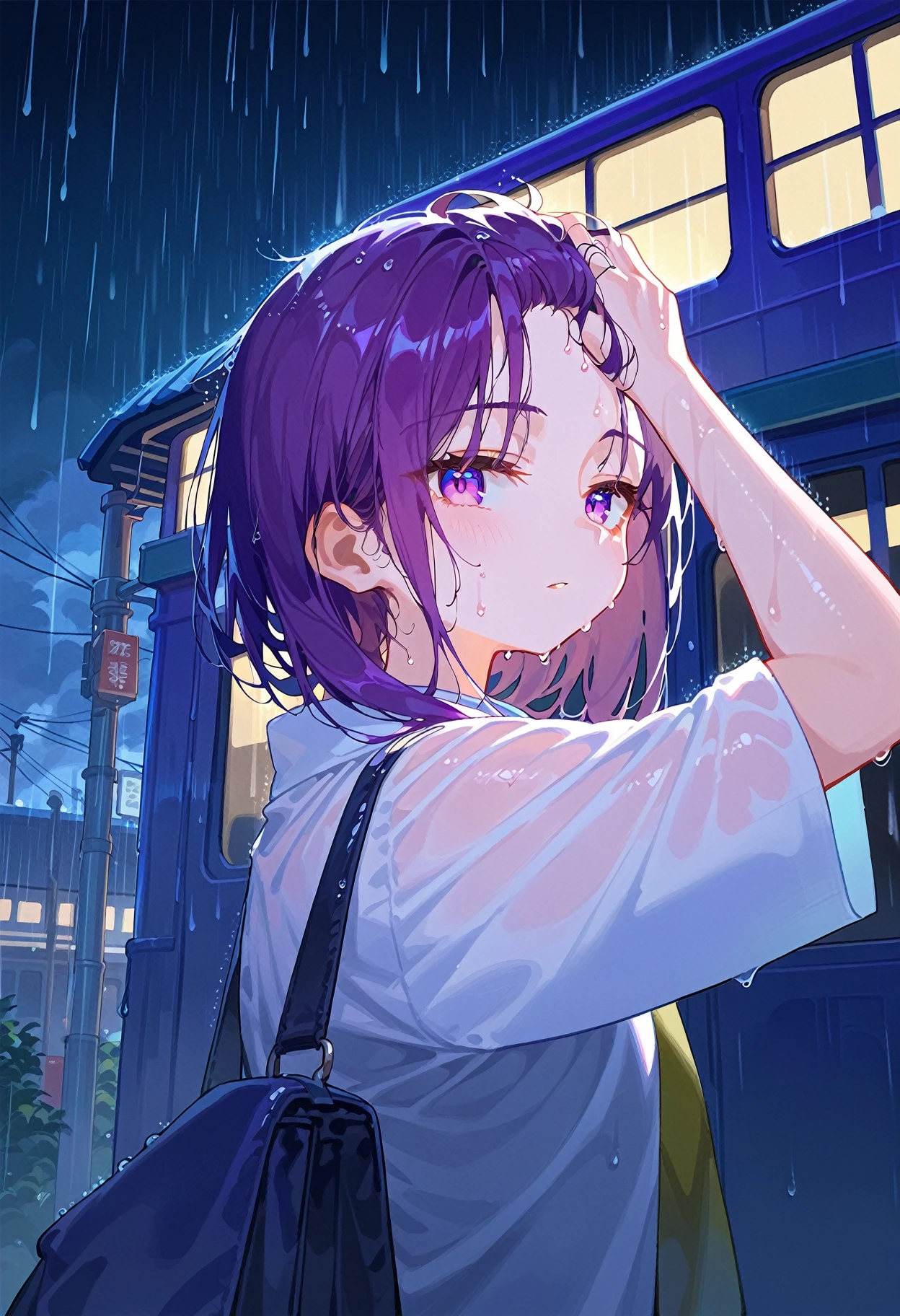 score_9, score_8_up, score_7_up, source anime, 1girl, solo, wet hair, bangs pinned back, holding hair, hand in own hair, looking at viewer, bus station, rain, night, cloudy day, <lora:bangs_pinned_back-xl-pony-v1:1>,