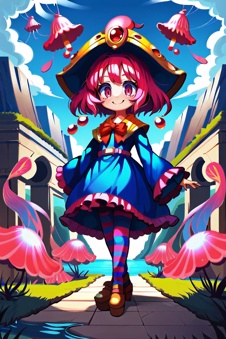 ((background)), water, score_9, score_8_up, score_7_up, source anime, BREAK,  <lora:Sae:0.75> , saebase, saedef, 1girl, pink hair, short hair, pink eyes, asymmetrical wings, mismatched wings, liquid wing, hat, crown hat, yellow capelet, pendant, gem, red gem, red bowtie, dress, blue dress, frilled dress, layered dress, striped, horizontal-striped thighhighs, striped thighhighs, pantyhose, outstretched arms, wide sleeves, long sleeves, frilled sleeves, pink belt, purple ribbons, platform footwear, ((arms at sides)), smile, looking at viewer, full body,  <lora:m4gXLP:0.7> , m4g, solo, outdoors, exterior, day, ocean, overlook, scenery, <lora:backgroundsetXL:0.2> ,