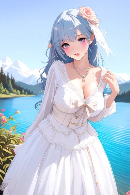 (masterpiece, best quality:1.2),illustration,8k,hd,1 girl,very long hair,solo,(collarbone:1.2),looking at viewer,
Freya,dress,white dress,long sleeves,jewelry,necklace,bow,lace trim,lace-trimmed dress,white ribbon,hair flower,hair ornament,((cleavage)),big breasts,outdoors,(day, lake:1.5),extremely detailed dress,crystalstexture skin,front view,<lora:Freya XL:1>,