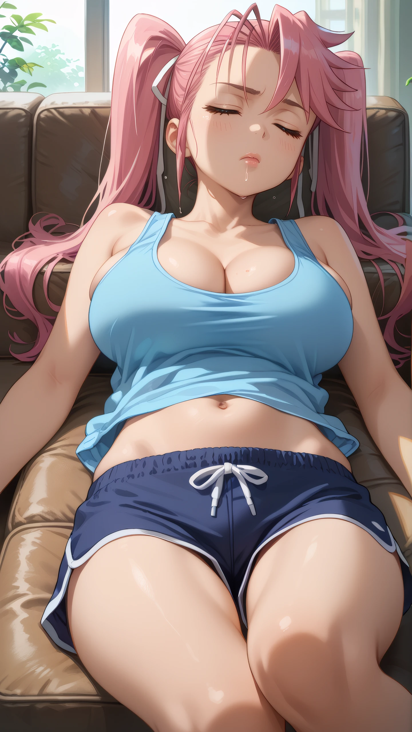 score_9, score_8_up, score_7_up, 1girl, solo, looking at viewer, anime coloring, close-up, 
<lora:Saya_Takagi_Dwnsty:0.8>, saya_takagi, pink hair, brown eyes, long hair, twintails, hair ribbon, blue tank top, loose clothes, sportswear, black shorts, short shorts,  cleavage, sleeveless, midriff, navel,
lips, large breasts, skindentation, 
indoors, living room, couch, lying, sleeping, sleepy, closed eyes, saliva, curled up, knees up,