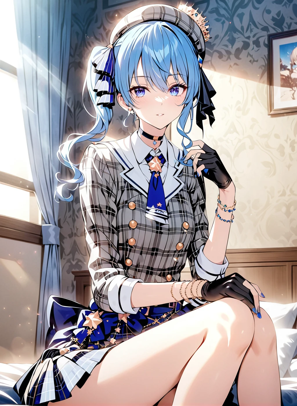 <lora:Hochimochi:1> hoshimachi_suisei, 1girl  ,in bedroom , bedroom background ,  virtual youtuber, blue hair, gloves, solo, blue eyes, hat, jewelry, grey headwear, plaid headwear, choker, partially fingerless gloves, bracelet, black glove, crown, star (symbol), side ponytail, beret, blue nails, plaid, 1st_costume , sitting, cute , masterpiece, best quality, 1girl, solo, cinematic, soft lighting, shine skin , light skin , 8k, ,best quality ,masterpiece, illustration, an extremely delicate and beautiful, extremely detailed ,CG ,unity ,8k wallpaper, Amazing, finely detail, masterpiece,best quality,official art,extremely detailed CG unity 8k wallpaper,absurdres, incredibly absurdres, huge filesize , ultra-detailed, highres, extremely detailed,beautiful detailed girl, extremely detailed eyes and face, beautiful detailed eyes,light on face,1girl