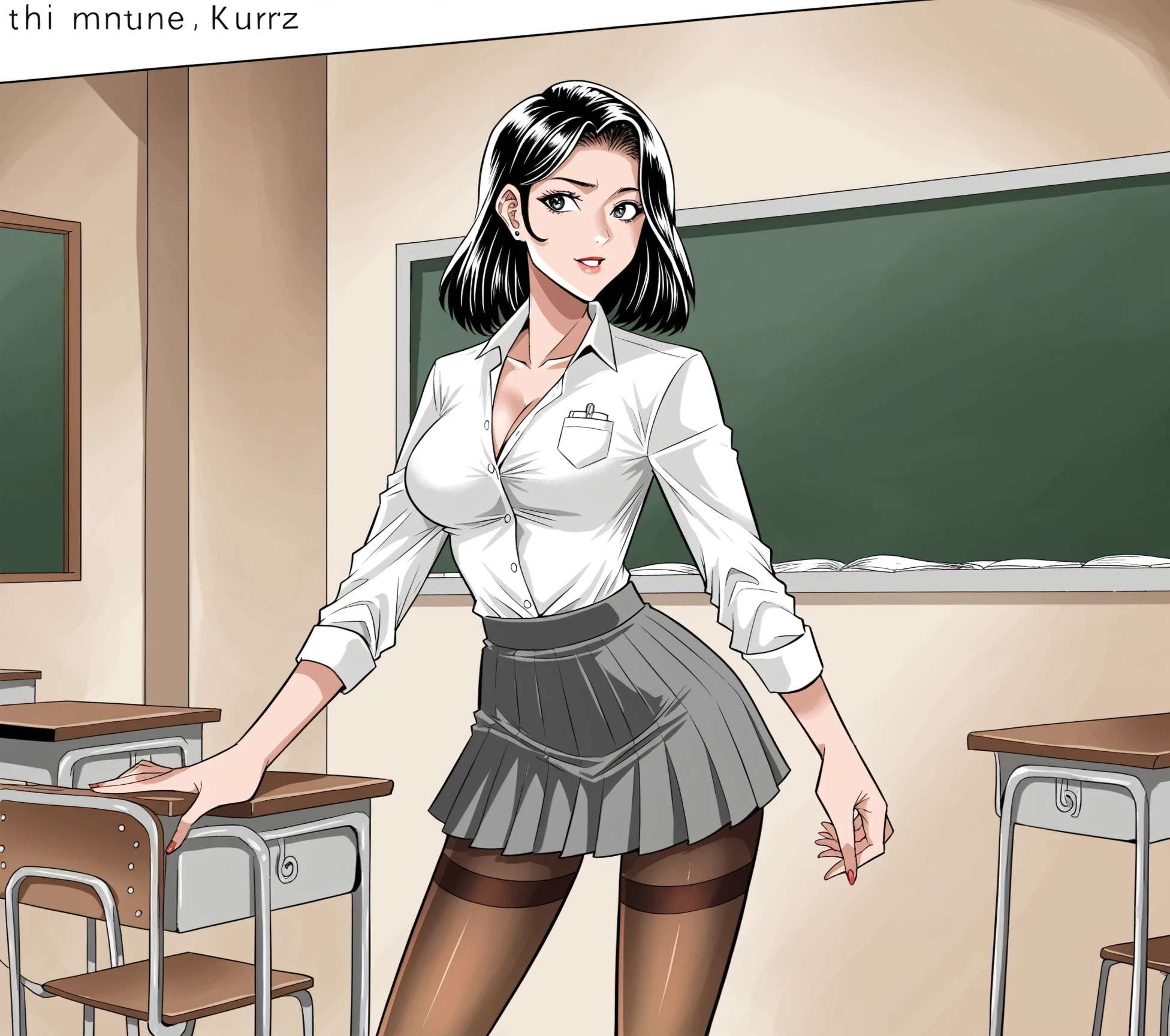 <lora:mrkurz_pony_v4:1> monochrome art style by mrkurz, Standing before the blackboard, the new teacher at school commands attention. Her attire, a crisp unbuttoned satin blouse paired with a pleated skirt, is accented by the subtle allure of (laced stockings), adding a touch of fragile femininity to her slender authoritative presence in the classroom. She is revealing her perky protuberant femininity, exposing long narrow calves, (narrow waist), and her gently protuberant skinny curves with fragile, yet authoritative and distinguished femininity., score_9, score_6_up, score_7_up