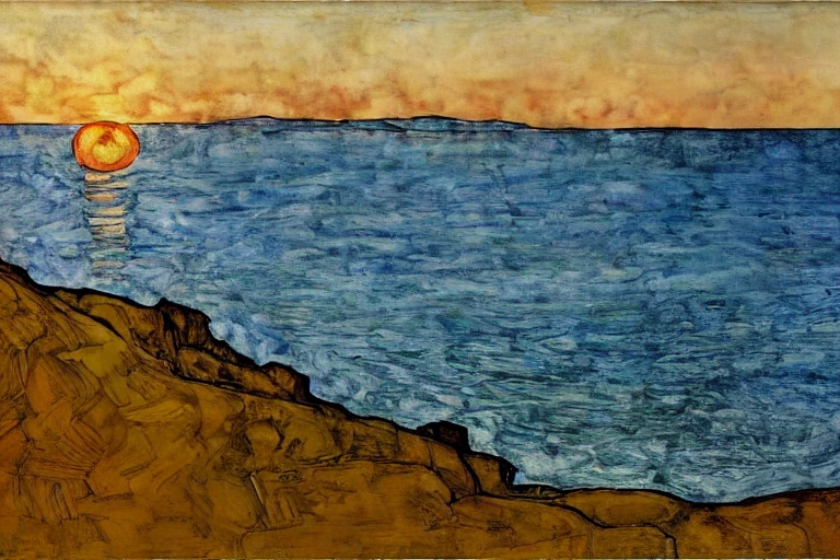 <lora:Schiele-10:1>, Schiele, A serene coastal landscape at sunset