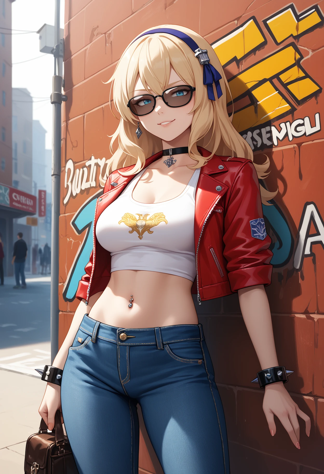 score_9, score_7_up, score_8_up, score_6_up, score_5_up, "street", graffiti
BREAK leander, black sunglasses, leather jacket, tanktop, jeans, tattoo, alt girl, spiked bracelet, choker, navel piercing, smug, against wall
<lora:Leander-AzurLane_ponyXL_v10:0.7>