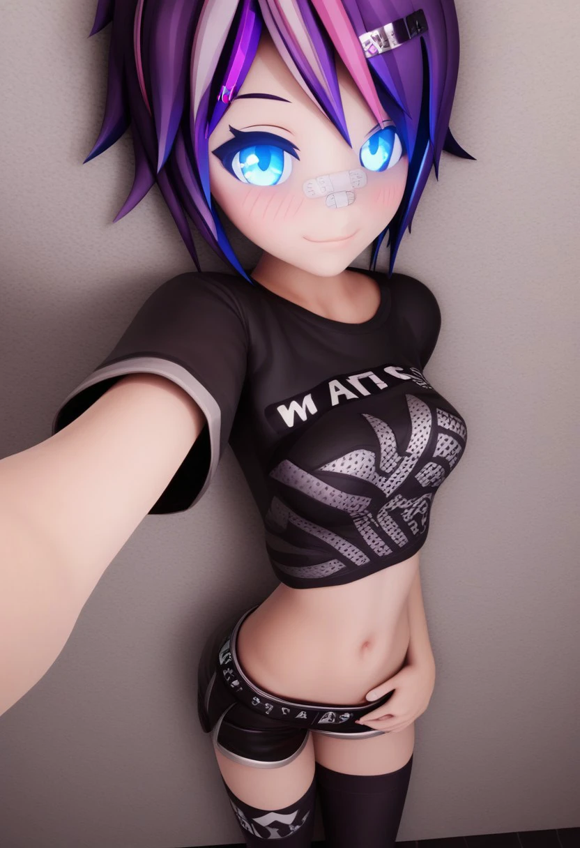 1girl, solo, looking at viewer, blush, smile, short hair, blue eyes, shirt, hair ornament, thighhighs, navel, medium breasts, purple hair, shorts, hairclip, midriff, black thighhighs, streaked hair, crop top, black shirt, short shorts, glowing, black shorts, t-shirt, bandaid, clothes writing, bandaid on face, selfie, bandaid on nose