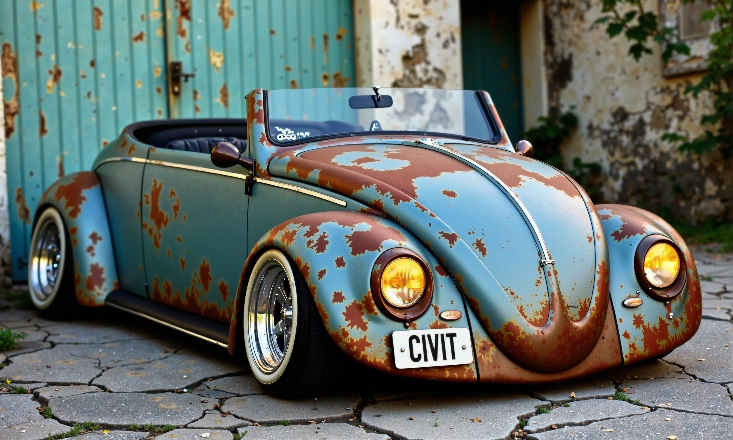 a rustic scene with a vintage, weathered Beetle cabrio parked in front of an old, faded green gate in a quiet alley. The Beetle’s body is covered in a rusty, faded blue paint with large patches of exposed metal, showing years of wear and tear. Despite the aging exterior, it features some custom modern touches, such as whitewall tires that stand out against the car’s rugged, decaying body. The side-mounted license plate reads 'CIVIT' in bold, clean lettering, adding a personal touch. The headlights have a faint yellow tint, giving the car a nostalgic vibe. The surroundings are similarly aged, with peeling paint on the gate and cracked pavement, creating a cohesive, timeworn aesthetic. The lighting is soft, casting warm, afternoon shadows, perfectly complementing the Beetle’s rusty charm, making it feel like a relic of the past with hints of subtle care and customization