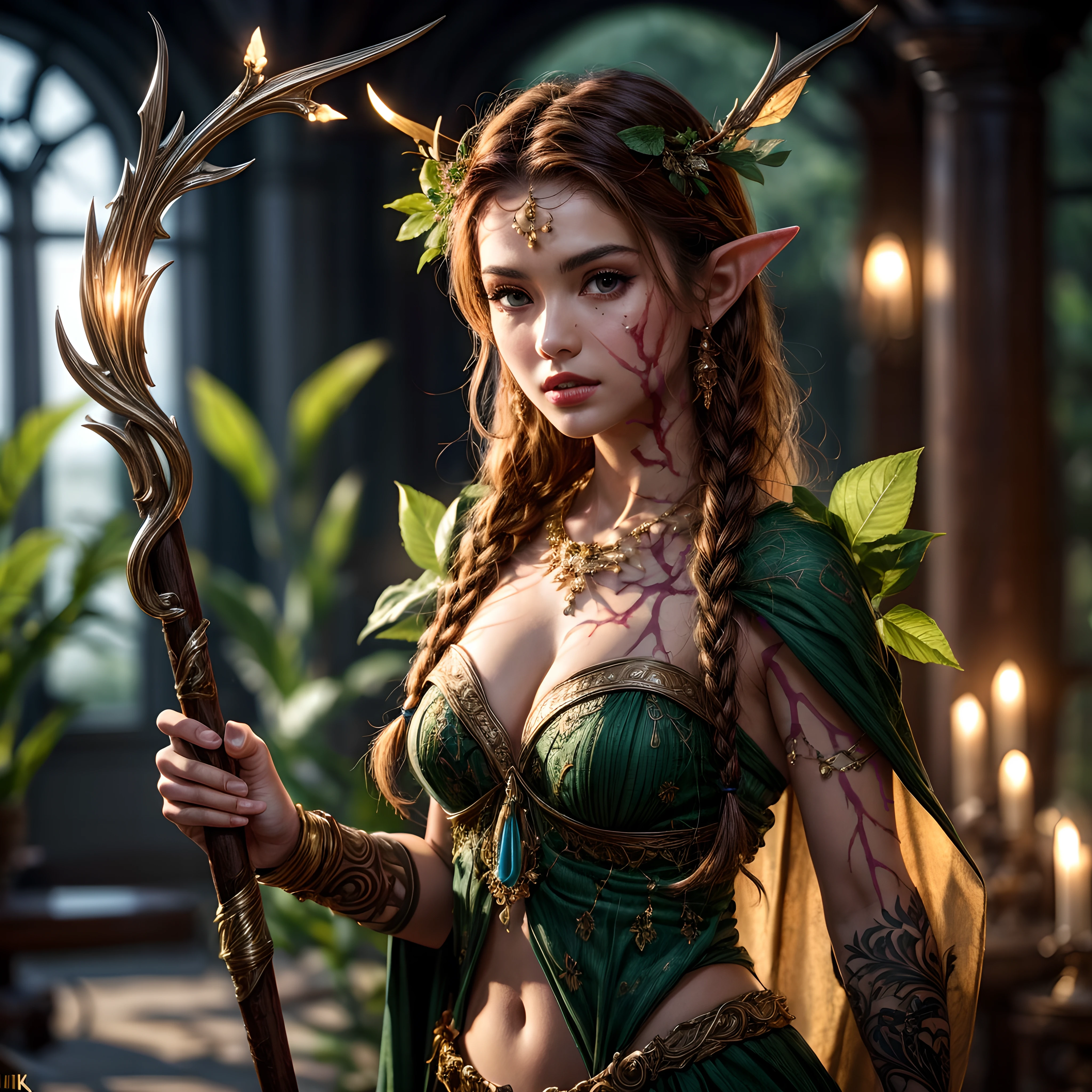 Female heroine with long, flowing, chestnut-brown hair and deep, thoughtful eyes. She has a sturdy and dependable build, radiating calm and stability. dons a verdant green and earthy brown suit adorned with natural textures, resembling the Earth itself. She wears a tiara with a prominent bull emblem. Wields a massive, enchanted staff made of wood and adorned with gemstones. She can command the earth and plants, manipulating them to create protective barriers and launch powerful attacks.