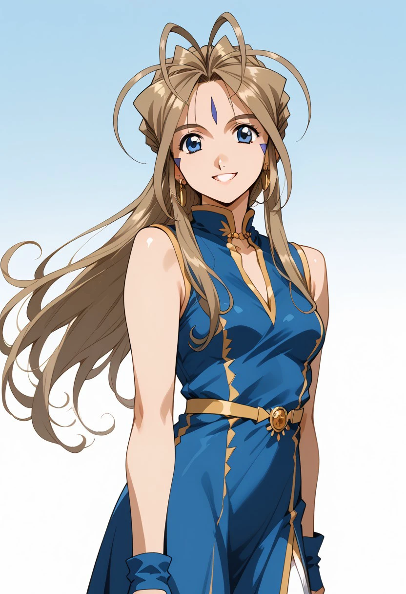 score_9, score_8_up, score_7_up, score_6_up, masterpiece, ultra detailed, best quality, source_anime, BREAK, 1girl, smile, Belldandy, blue dress with a golden trim, blue fingerless gloves, jewelry, sleeveless dress, earrings, simple background, gradient background, cowboy shot, delicate features, 1990s (style), retro artstyle